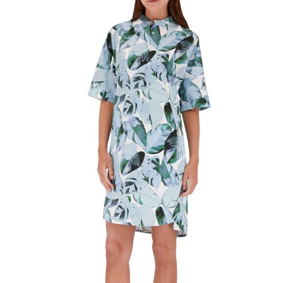 Akris Punto "Bleached Denim" Tropical Leaves-Print Cotton Poplin Shift Dress - Picture 1 of 12